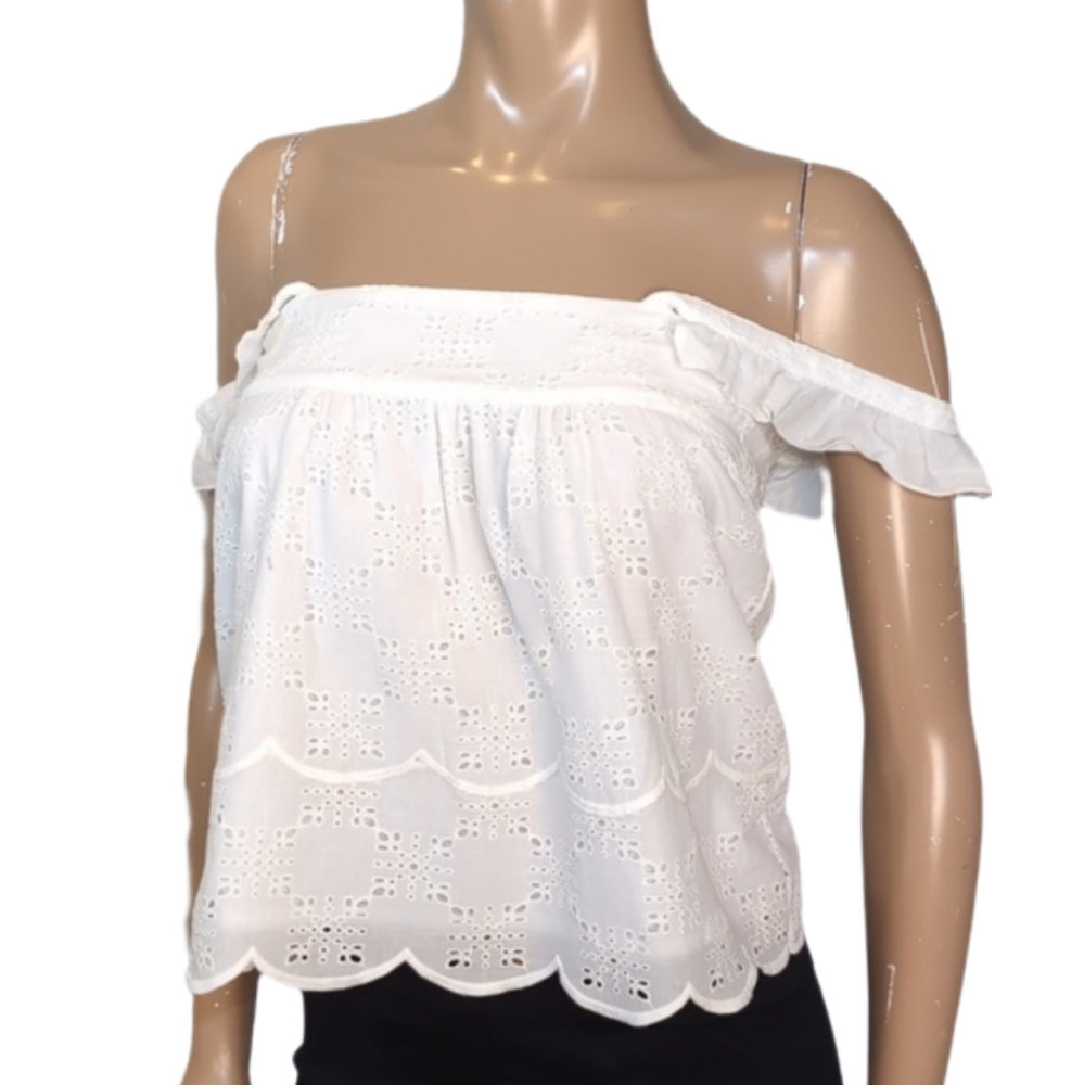 St Roche White Eyelet Off Shoulder Top Women's Size XS Ruffled Scalloped Cotton